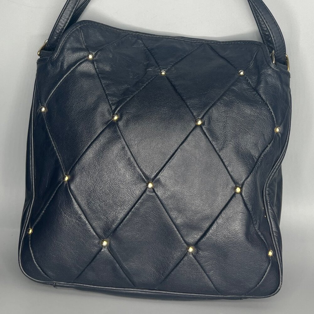 GANSON NAVY LEATHER WITH GOLD BEADS W/DIAMOND PATTERN CROSSBODY/SHOULDER STRAP